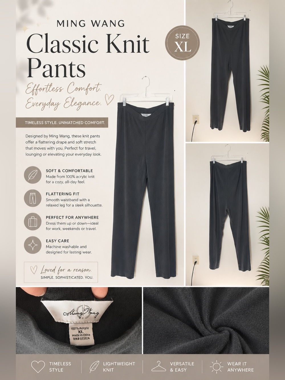 Ming Wang Classic Knit Pants — Gray XL